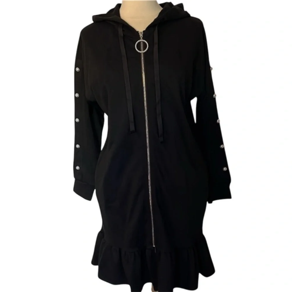CQbyCQ Black Hoodie Sweatshirt Dress w/pearl detail & ruffle Hem Size Small